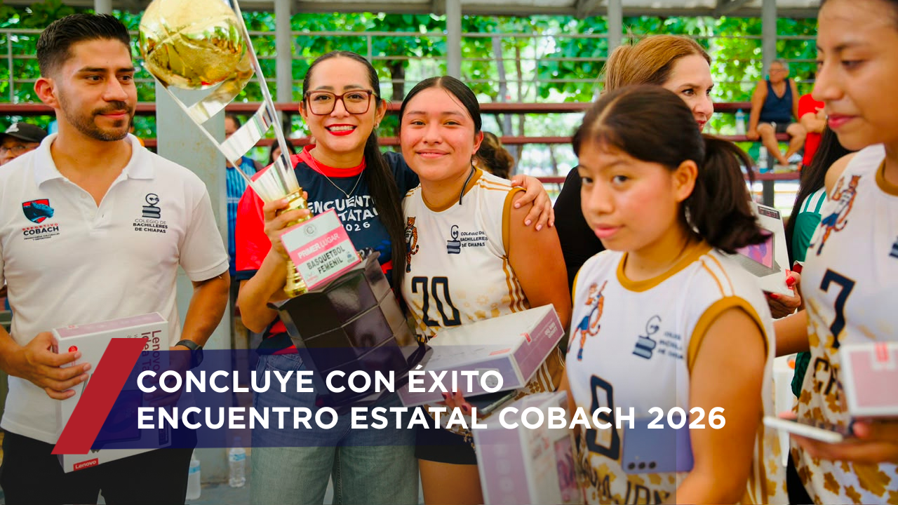 ​La directora general del Cobach, Viridiana Figueroa García, premió en este tercer día de actividades a equipos ganadores en diversas disciplinas de conocimientos, culturales y deportivas del Encuentro Estatal Académico, Cultural y Deportivo 2026, destacando el fortalecimiento de valores, convivencia y desarrollo integral de las juventudes chiapanecas